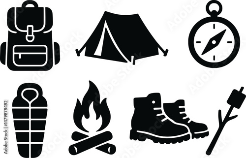 Summer camp silhouette icons set – camping, hiking, outdoor adventure symbols