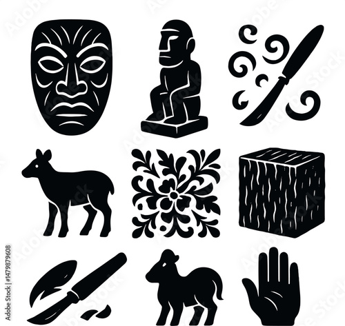 Wood carving silhouette icons set – traditional, craft and artisan symbol collection
