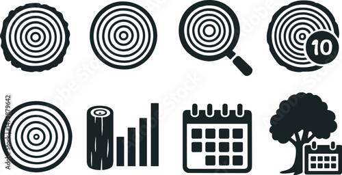 Tree rings exploration icons set – silhouette, dendrochronology and nature symbols