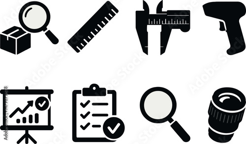Inspection tools icons set – silhouette, simple examination and measurement graphics