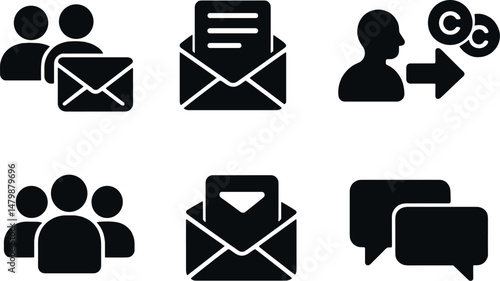 Email communication icons set – silhouette, messaging and mailing symbols