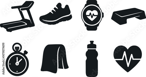 Cardio equipment icons set – silhouette style, fitness and gym graphics