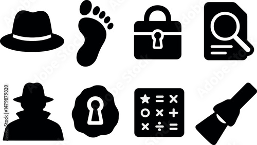 Mystery and detective silhouette icons set – investigation, clue, and secret symbols