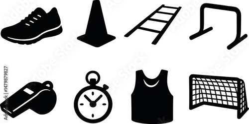 Athletic training icons set - silhouette, fitness and exercise symbols