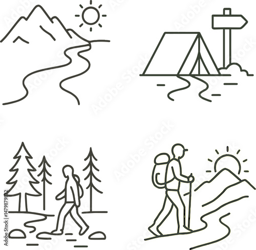 Dreamy hiking icons set – outline, adventure and outdoor activity symbols