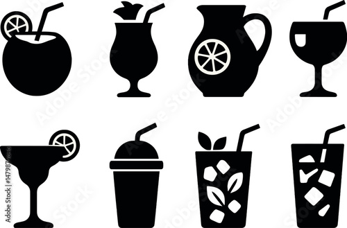 Tropical drink silhouette icons set – exotic beverages and cocktail symbols