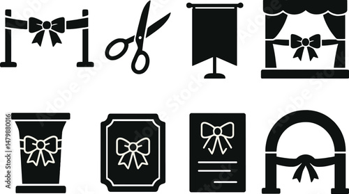 Corporate ribbon ceremony icons set – silhouette style, celebration and event symbols
