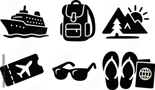Travel and summer silhouette icons set – simple vacation and adventure symbols
