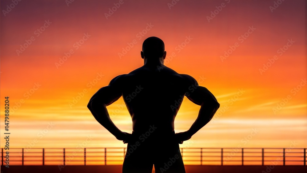 Fototapeta premium Muscular Man Silhouette in Profile Against Sunset 