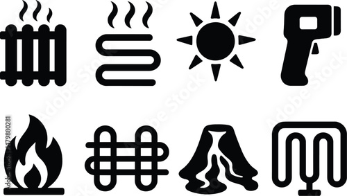Thermal energy icons set – silhouette, heat and power symbols for efficient design