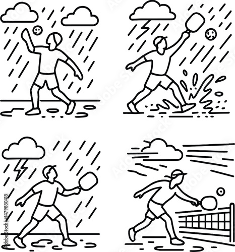 Pickleball silhouettes icons set - simple stormy weather and sports symbols