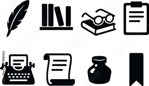 Literary icons set – silhouette style, writing and book-themed symbols collection