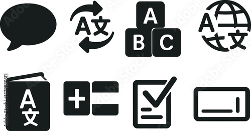 Language learning silhouette icons set – simple, educational and communication symbols