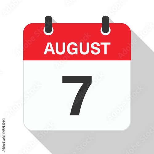 August 7 Daily Calendar. Red Theme on White Background