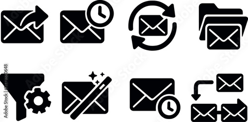 Email automation silhouette icons set – simple, messaging and communication symbols