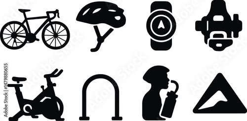 Cycling essentials icons set – silhouette, biking gear and equipment symbols