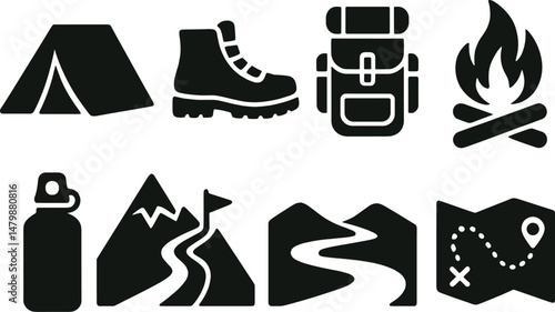 Camping and adventure icons set – silhouette, outdoor and hiking symbols