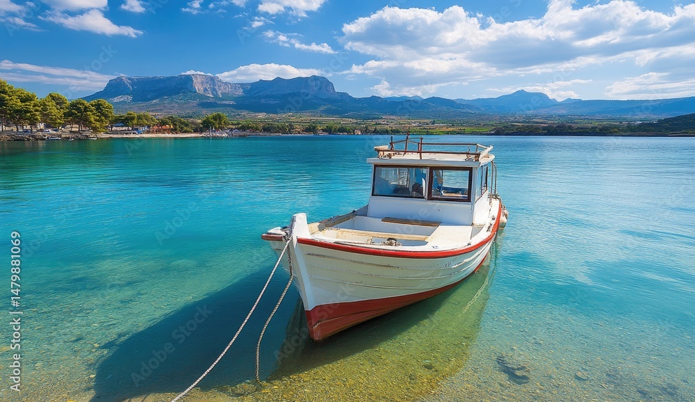 Tranquil boat moored in crystal-clear waters, idyllic coastal scenery Tranquil boat moored in crystal-clear waters, idyllic coastal scenery