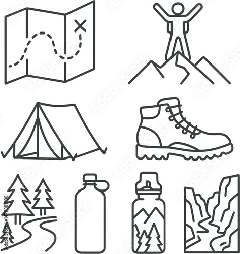 Hiking and outdoor adventure icons set – outline, camping and trekking essentials