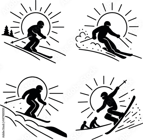 Sunset skiing icons set – silhouette, alpine winter sports elements
