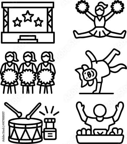 Halftime show icons set – outline, cheerleading and performance symbols