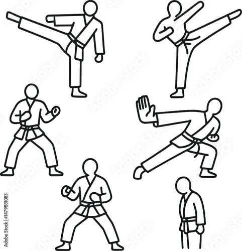 Martial arts silhouette icons set – minimalist, karate, taekwondo fighting symbols