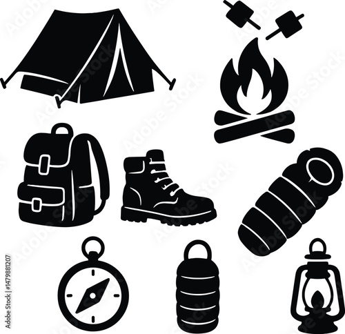 Summer camping essentials icons set – silhouette, outdoor and adventure symbols