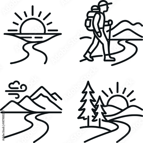 Outdoor adventure icons set – silhouette hiking, nature, and landscape symbols
