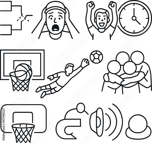Dramatic sports moments icons set – line style, athletic and competition symbols
