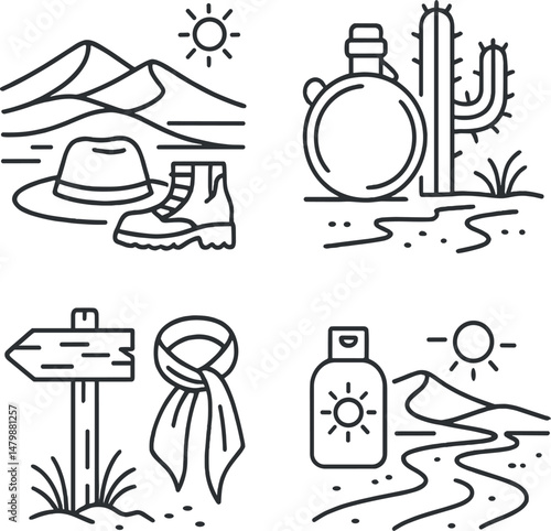 Desert trek essentials icons set – outline, hiking and adventure symbols