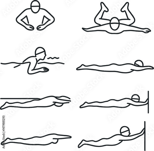 Breaststroke silhouette icons set – linear, swimming and aquatic exercise symbols