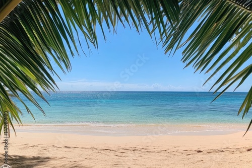 Tropical beach scene framed by palm fronds