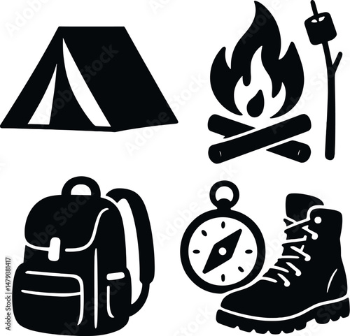 Camping outdoor icons set - silhouette, adventure and wilderness symbols