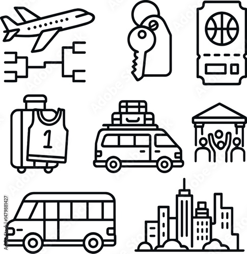 Sports and travel icons set – outline, journey and adventure symbols