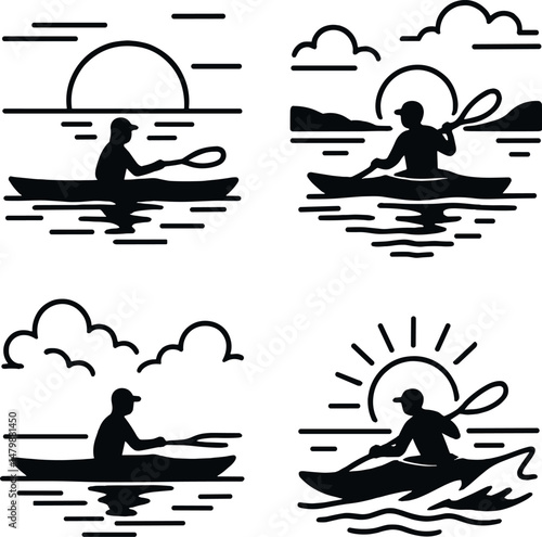 Kayaking adventure icons set – silhouette, paddling and outdoor recreation symbols