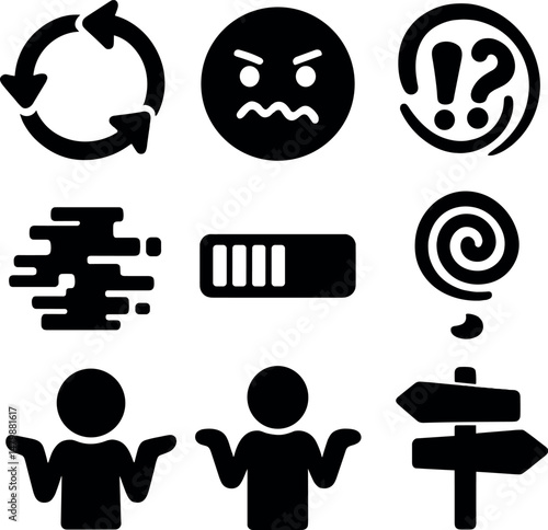 Mystery and confusion silhouette icons set – puzzle, riddle, enigmatic symbols
