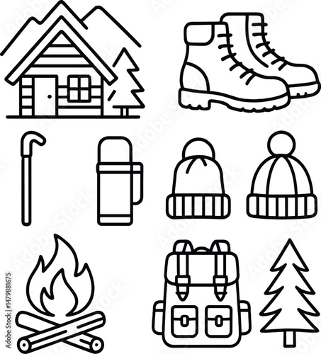 Mountain getaway icons set – outline, winter adventure and hiking symbols