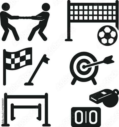 Camp games icons set – silhouette, outdoor activities and recreation symbols