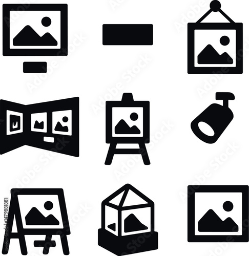 Art display icons set – silhouette, gallery and exhibition design elements