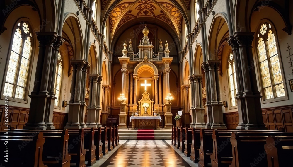 Ornate Benedictine church interior, altar detail , altar, faith, elegance Ornate Benedictine church interior, altar detail , altar, faith, elegance