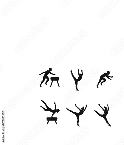 set of gymnast silhouette collection, Gymnast silhouette set, dynamic gymnast poses, Gymnast silhouette vector design, split jump girl gymnast black silhouette, set of vector icon gymnast silhouette, 