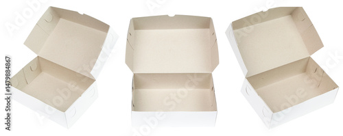Top view of three open white cardboard food boxes with natural brown interiors. Ideal for packaging bakery goods, meals, or gifts. Isolated on transparent background