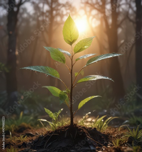 Sunrise illuminates a young sapling, its leaves glistening with dew , development, foliage, environment