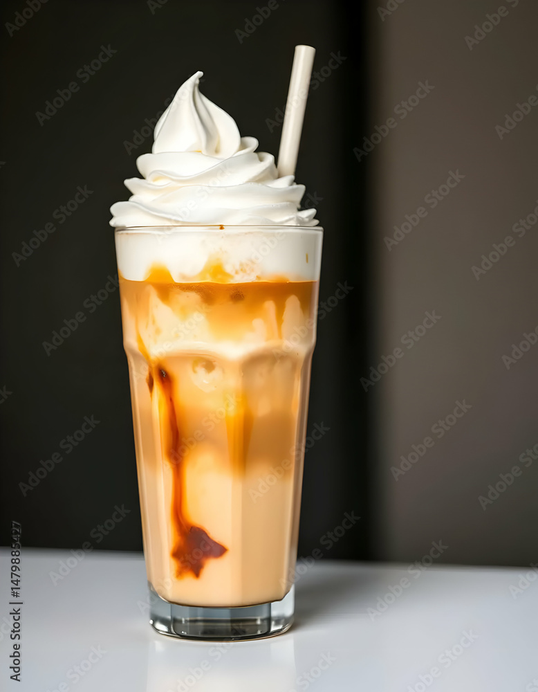 Refreshing iced coffee drink topped with whipped cream and caramel drizzle. Refreshing iced coffee drink topped with whipped cream and caramel drizzle.