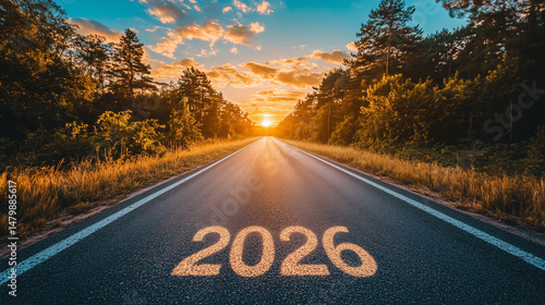 Text 2026 on the asphalt road. New beginnings, changes. At the end of the road there is the light of the setting sun.