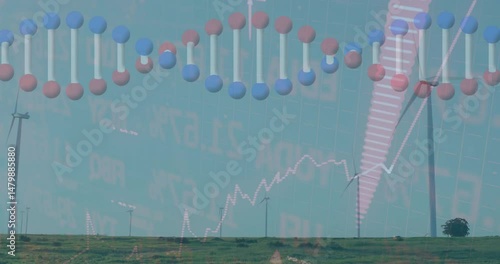 Wind turbine standing on grassy field while molecular model merging with rising line graph overlay