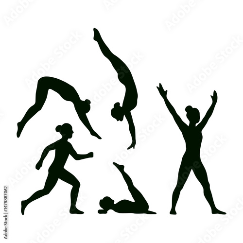 set of gymnast silhouette collection, Gymnast silhouette set, dynamic gymnast poses, Gymnast silhouette vector design, split jump girl gymnast black silhouette, set of vector icon gymnast silhouette, 