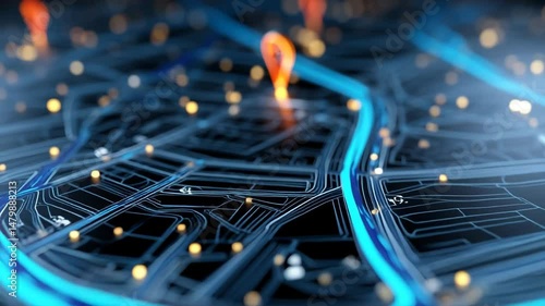 Digital map with glowing location markers.