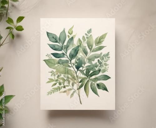 Miniature watercolor card; leafy design, soft colors ,  botanical art,  invitation card,  gift tag