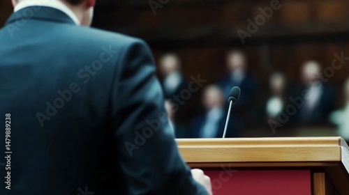 Serious politician delivering speech at wooden podium during conference, passionate public speaker addressing important social issues, leadership and political campaign concepts